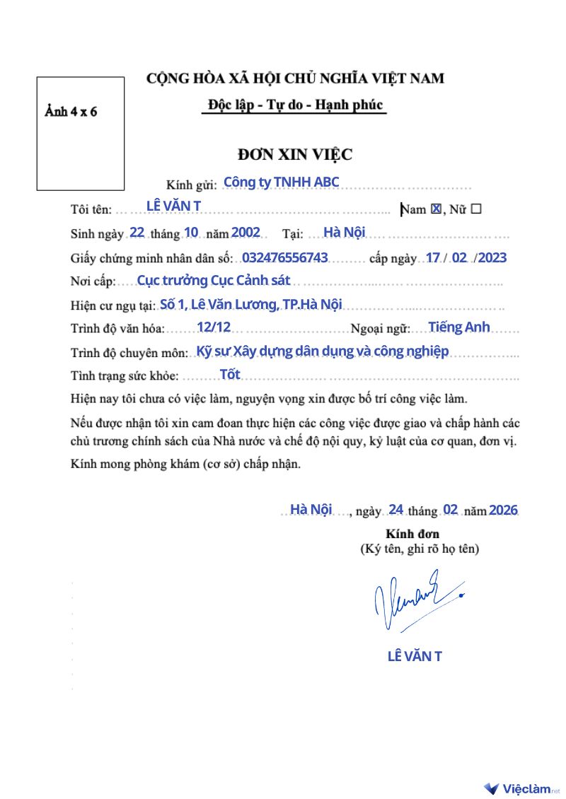 Mẫu đơn xin việc kỹ sư xây dựng