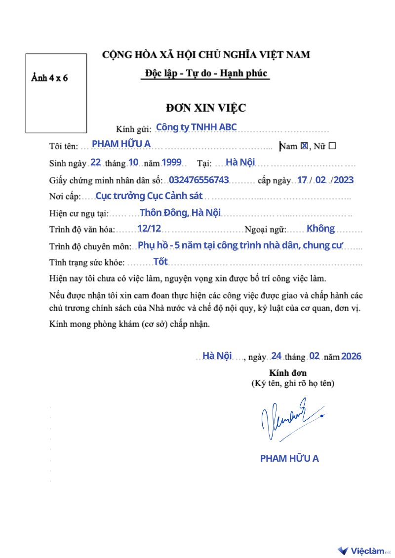 Mẫu đơn xin việc phụ hồ