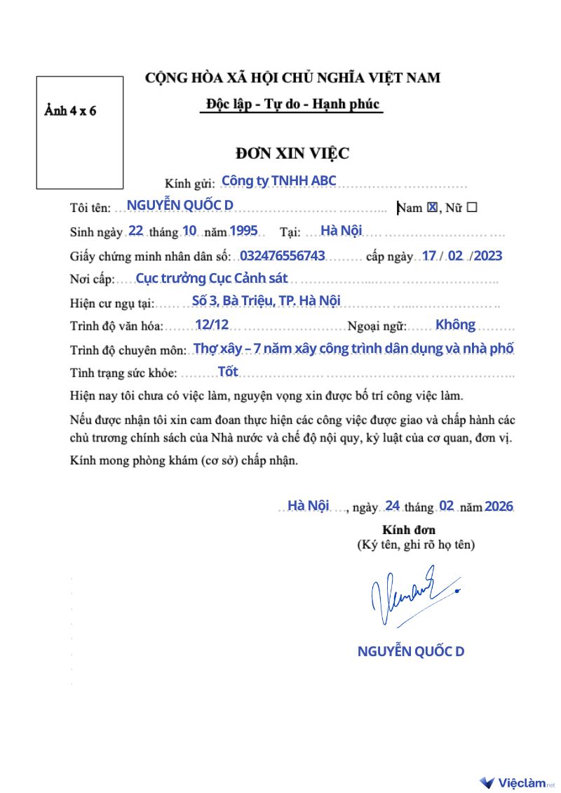 Mẫu đơn xin việc thợ xây