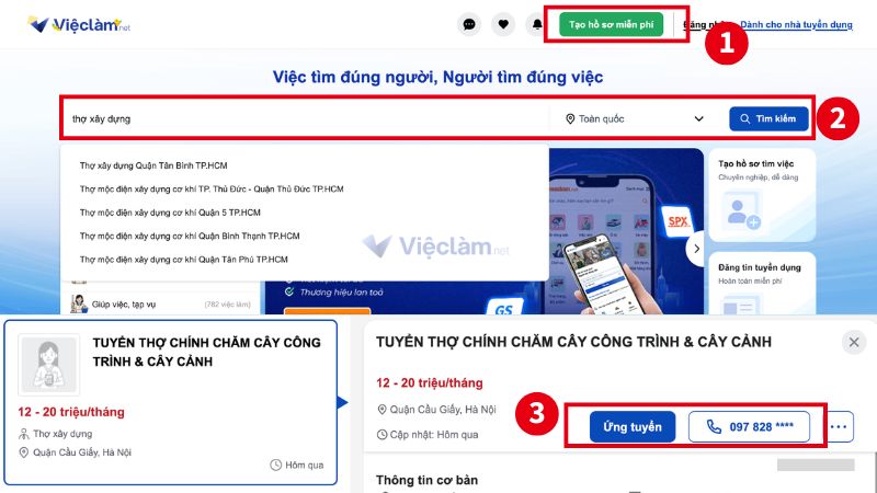 Cách tìm việc làm thợ xây dựng trên Vieclam.net