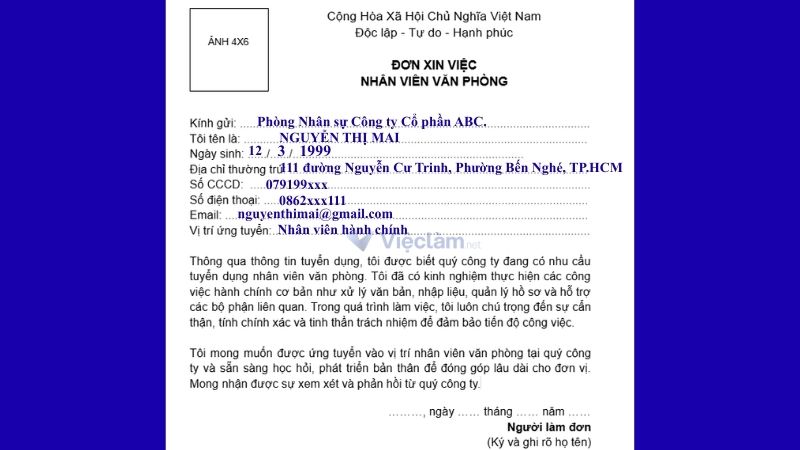 Mẫu đơn xin việc nhân viên văn phòng dùng chung