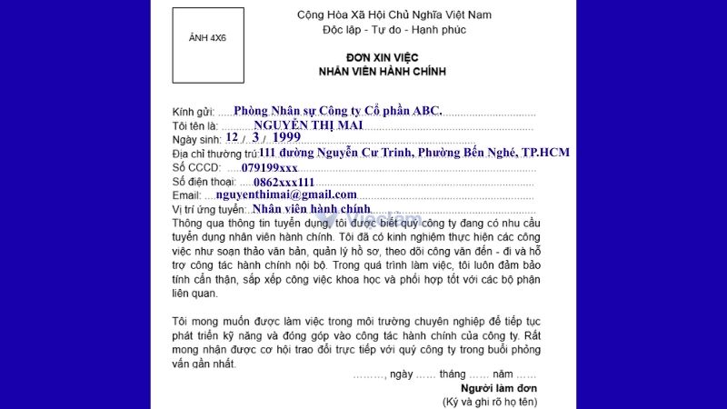 Mẫu đơn xin việc nhân viên Hành chính