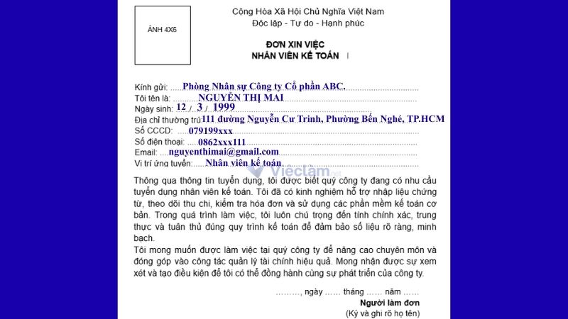 Mẫu đơn xin việc nhân viên Kế toán