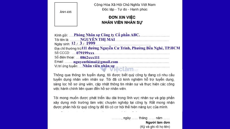Mẫu đơn xin việc nhân viên Nhân sự