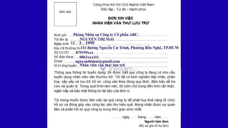 Mẫu đơn xin việc nhân viên Văn thư/Lưu trữ