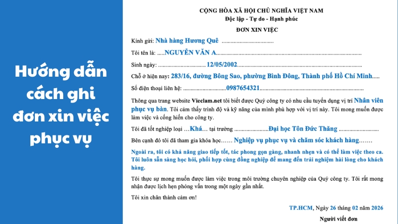 Hướng dẫn cách ghi đơn xin việc phục vụ