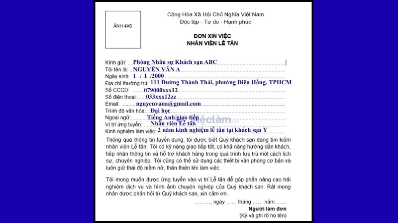 Mẫu đơn xin việc nhân viên Lễ tân