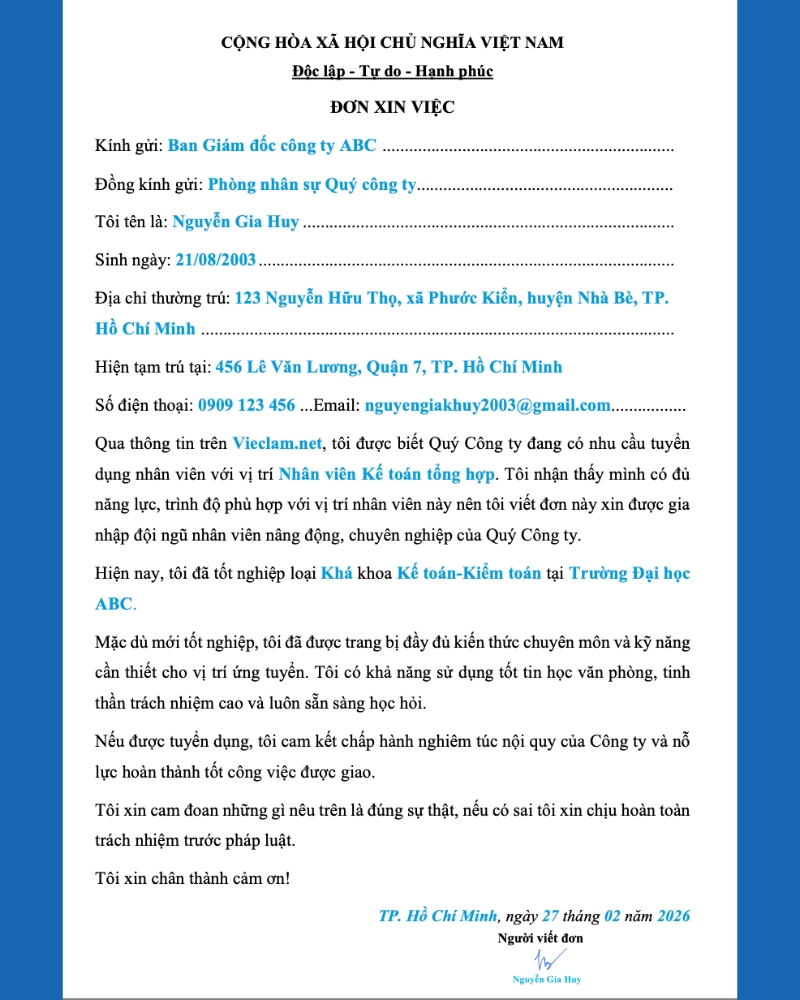 Mẫu đơn xin việc dành cho người mới ra trường