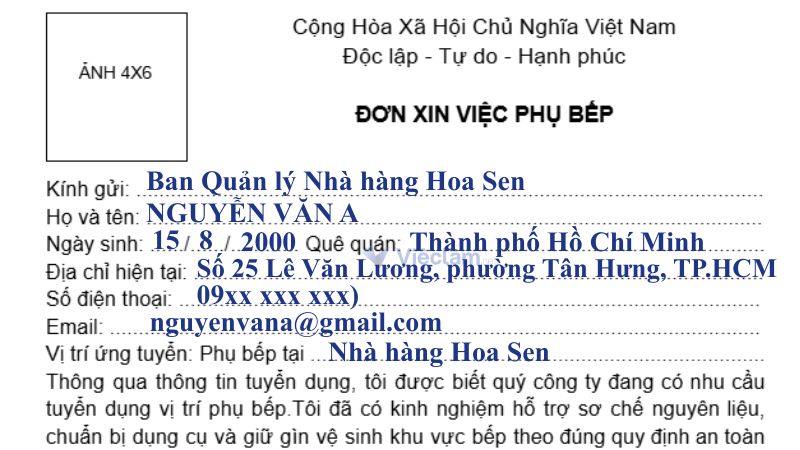 Hướng dẫn điền đơn xin việc phụ bếp