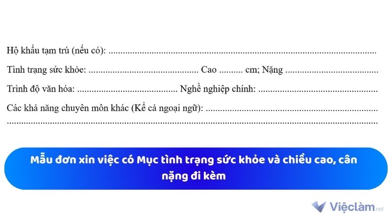 Mẫu đơn xin việc có Mục tình trạng sức khỏe và chiều cao, cân nặng đi kèm