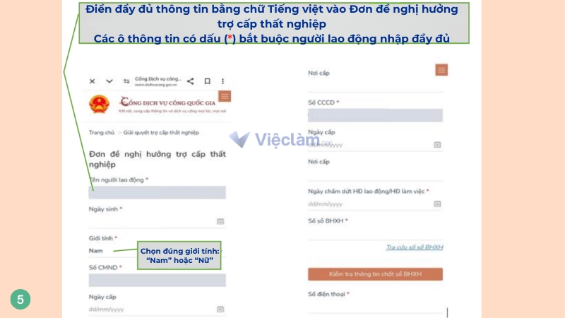 Nhập thông tin phần đầu của đơn đề nghị hưởng trợ cấp thất nghiệp online