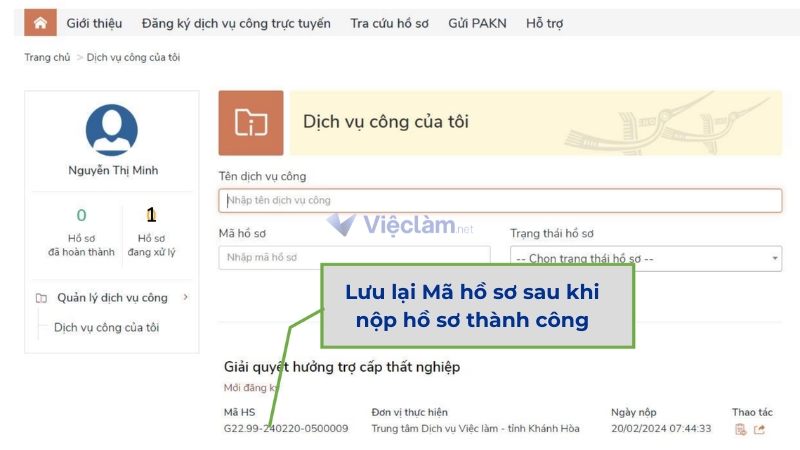 Ghi nhớ Mã hồ sơ sau khi nộp hồ sơ thành công