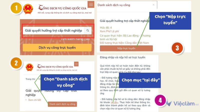 Gõ từ khóa "Giải quyết hưởng trợ cấp thất nghiệp" và chọn "Nộp trực tuyến"
