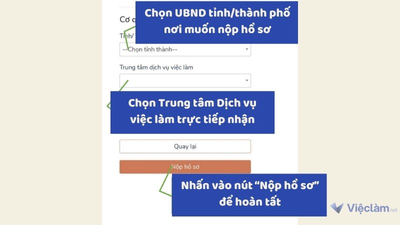 Chọn Trung tâm Dịch vụ việc làm mong muốn và nhấn vào nút "Nộp hồ sơ" để hoàn tất