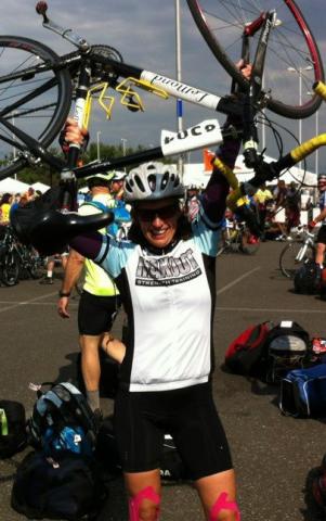 Tina after biking 178 miles over two days in the MS City to Shore ride. Tina after biking 178 miles over two days in the MS City to Shore ride.