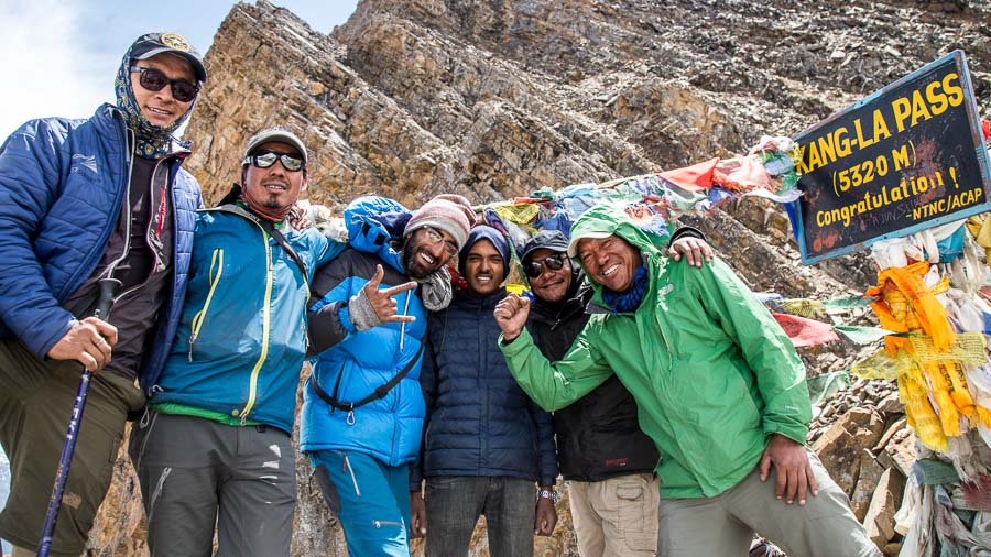 The Annapurna Seven Passes Team celebrates the crossing of the Kangla Pass. From L-R: Mingma Sherpa, Amrit Ale, Anup Vaswani, Aaloka Tumbahangphey, and Tripple Gurung.