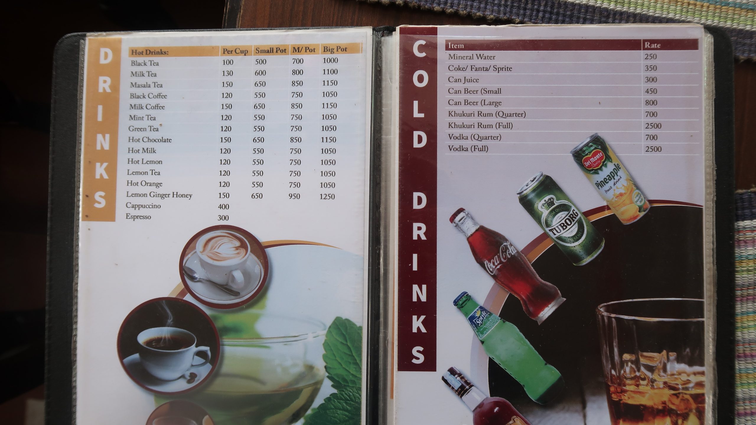 Sample Beverage menu for reference