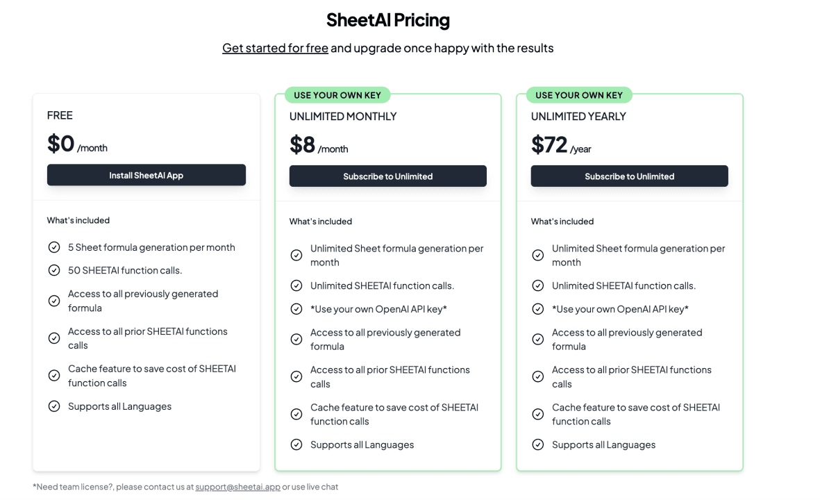 SheetAI pricing