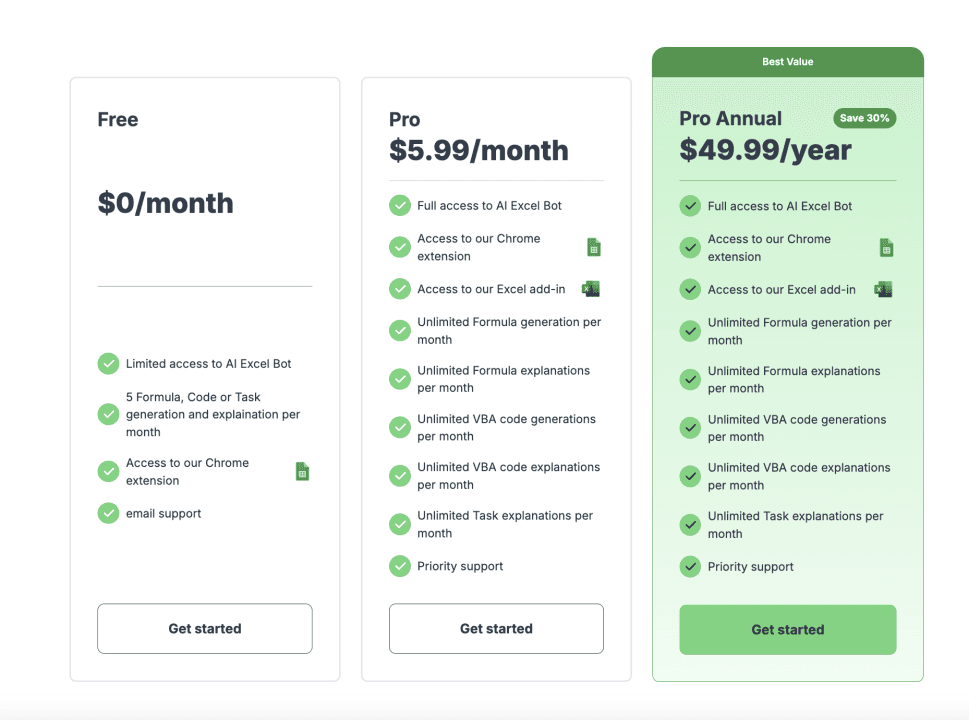AI Excel Bot pricing