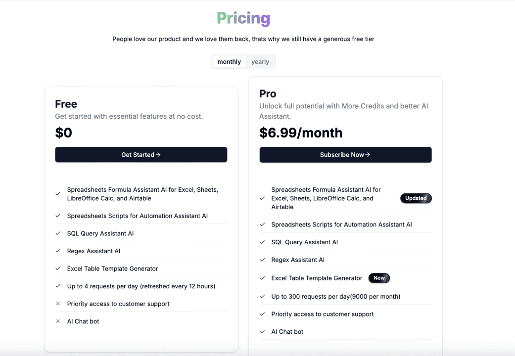 GPTExcel pricing