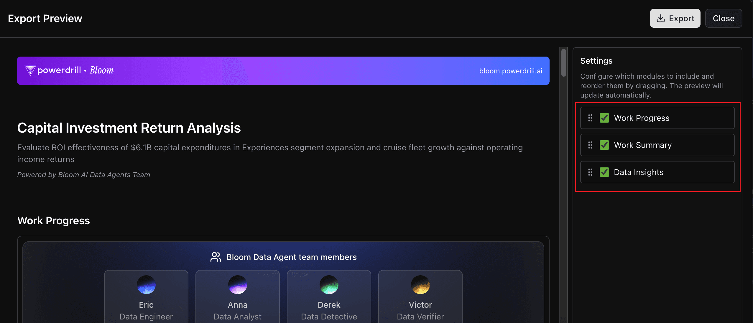 Export page