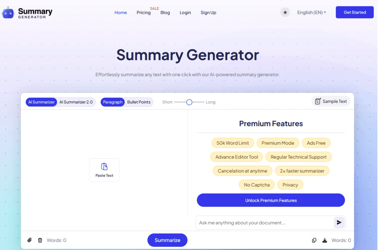 homepage of AI Summarizer