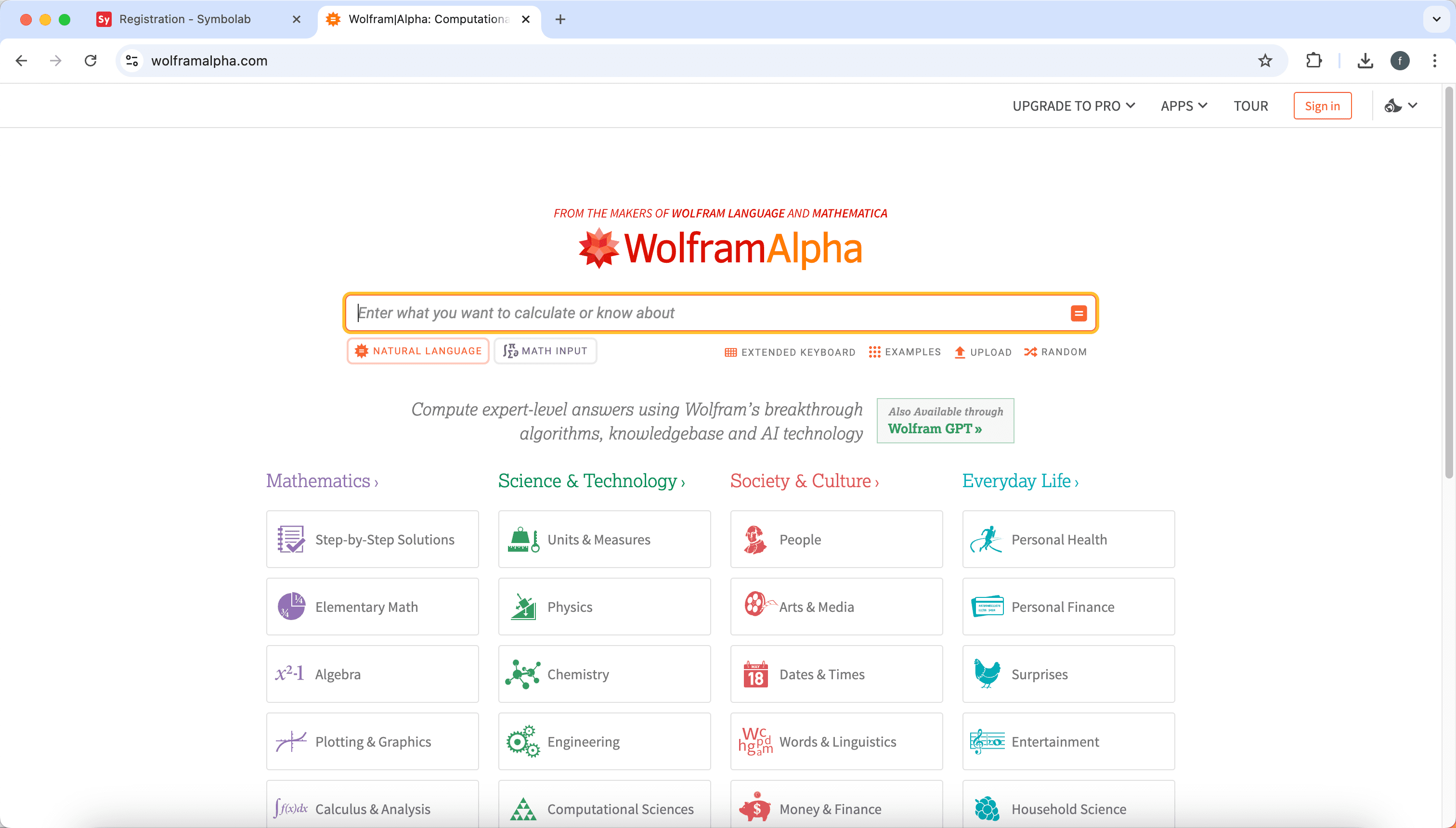 Wolfram Alpha homepage