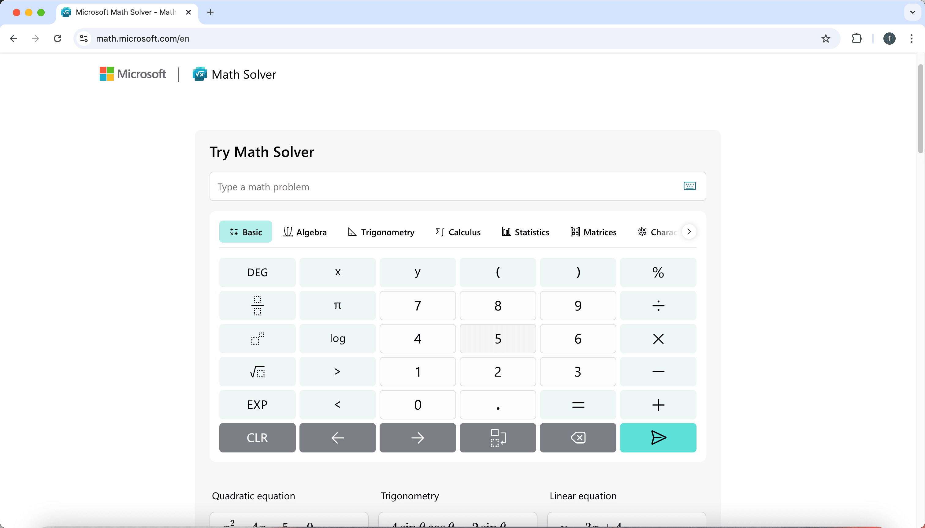 Microsoft Math Solver homepage