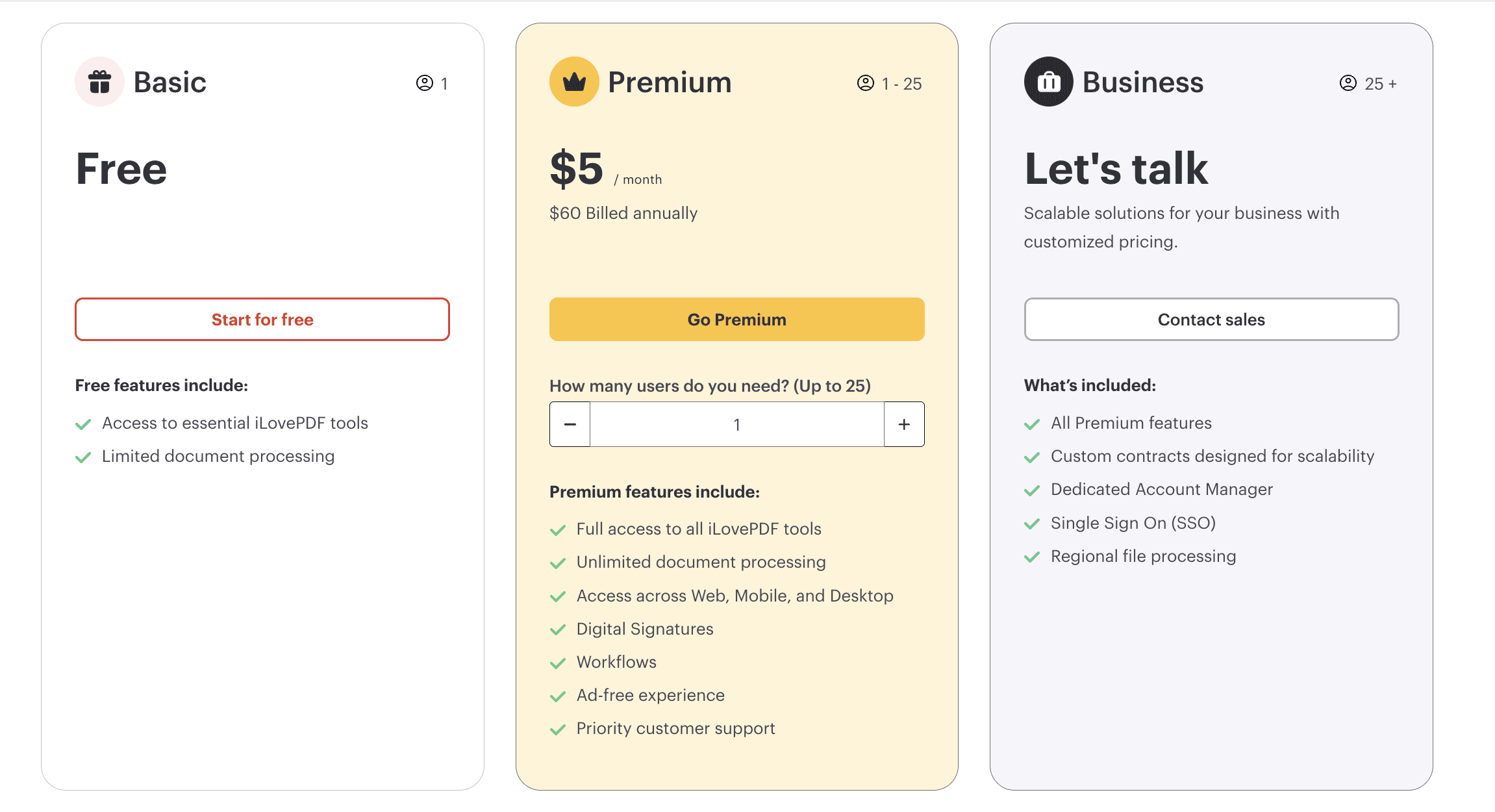 iLovePDF's pricing