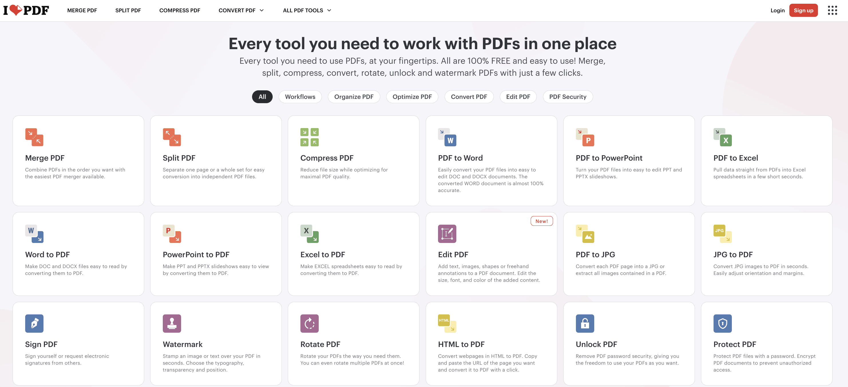 iLovePDF's homepage