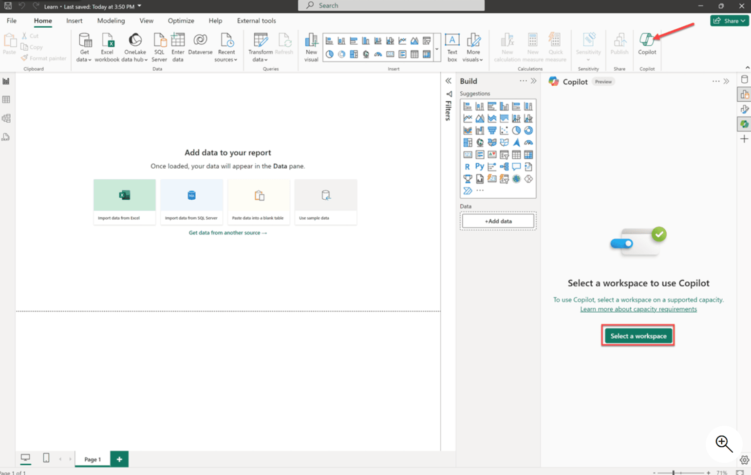 homepage of PowerBI Copilot