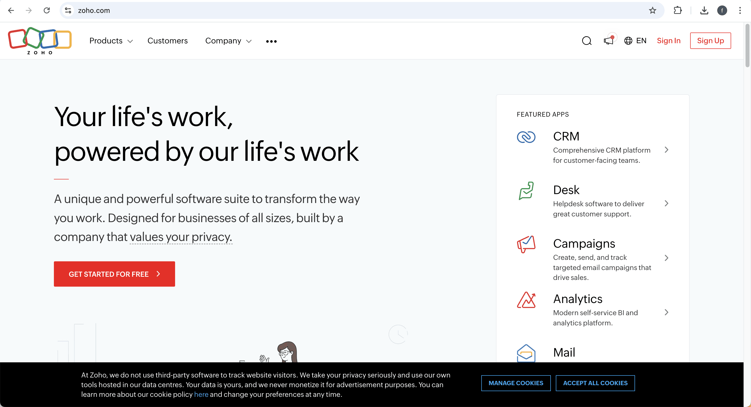 Zoho Analytics homepage