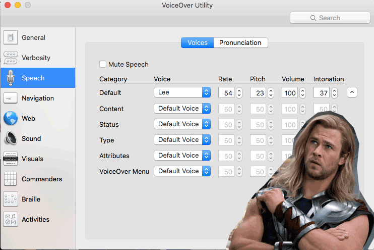 VoiceOver system preferences with Chris Hemsworth as Thor on top