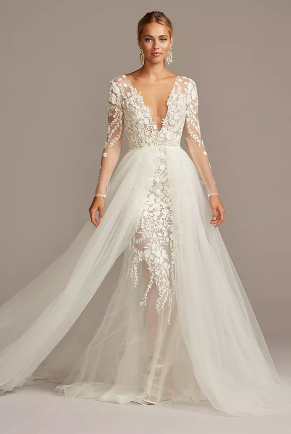Galina Signature - Embroidered Floral Illusion Bodysuit Wedding Dress size 4 - $650 - (57% OFF)