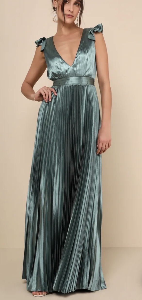 Lulu - Sage Green Satin Lace-Up Pleated Maxi Dress size 8 - $100 - (33% OFF)