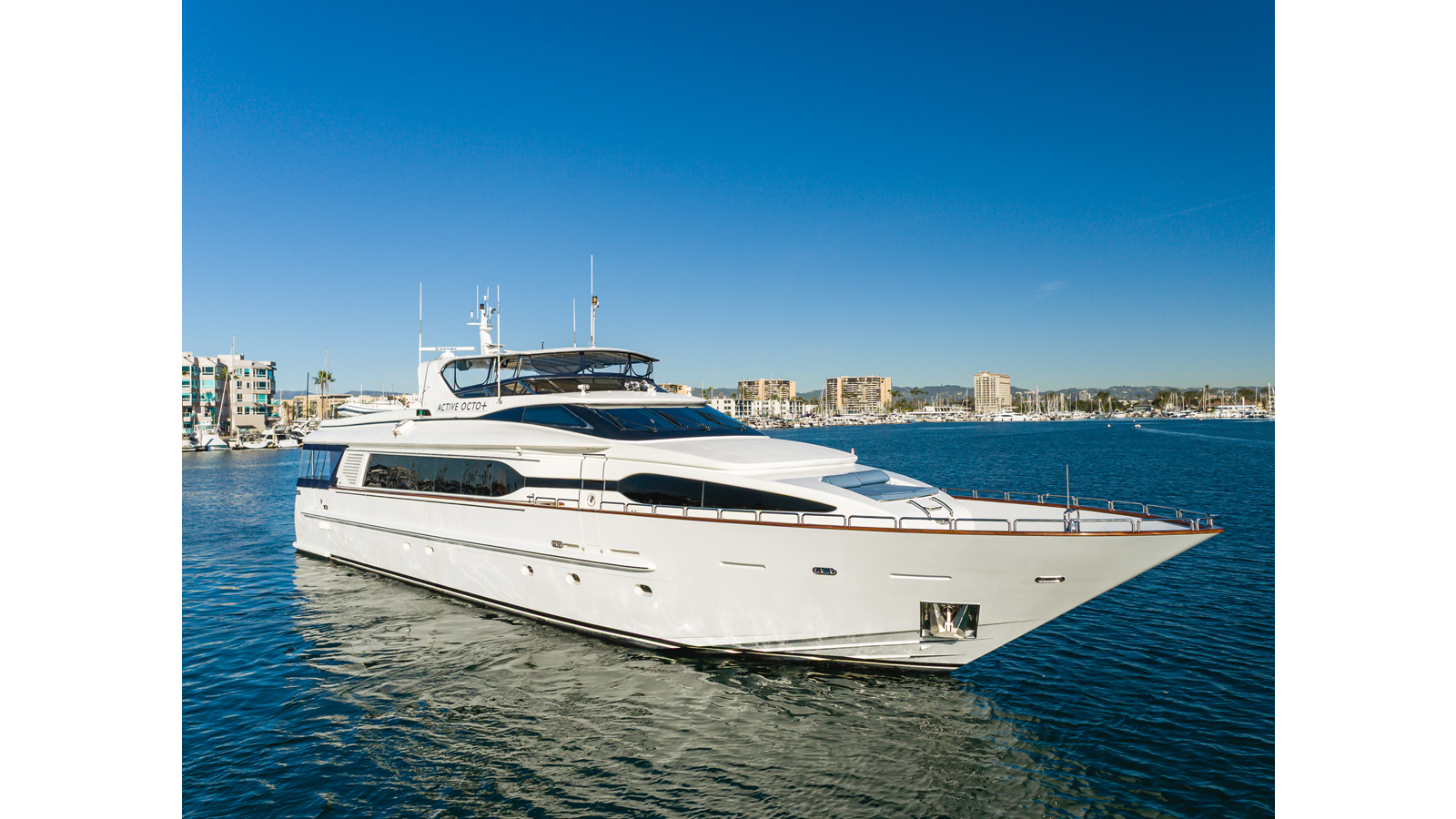 104-foot Destiny motor yacht Active Octo for sale, lying Marina del Rey, California