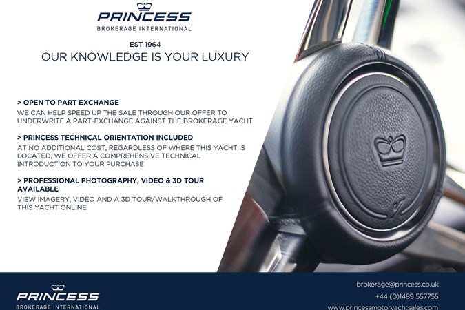 Luxurious 2019 Princess S60 yacht cruising swiftly on open water.