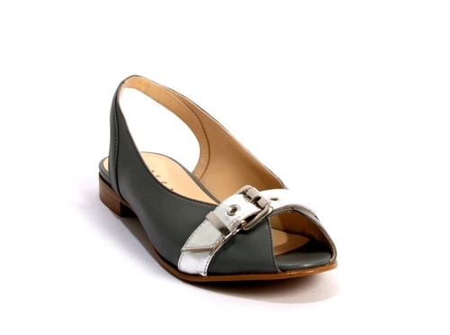 Dark Grey  Silver Leather Block Heel Slingback Sandals By Mally ...