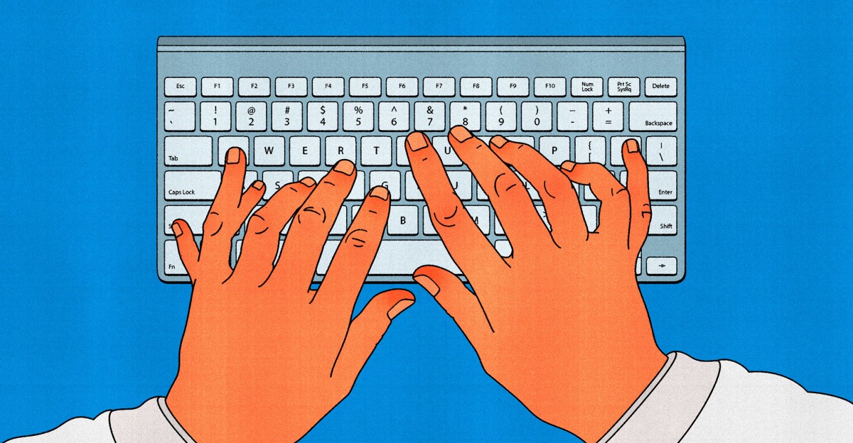 Hands with too many fingers typing on a keyboard.