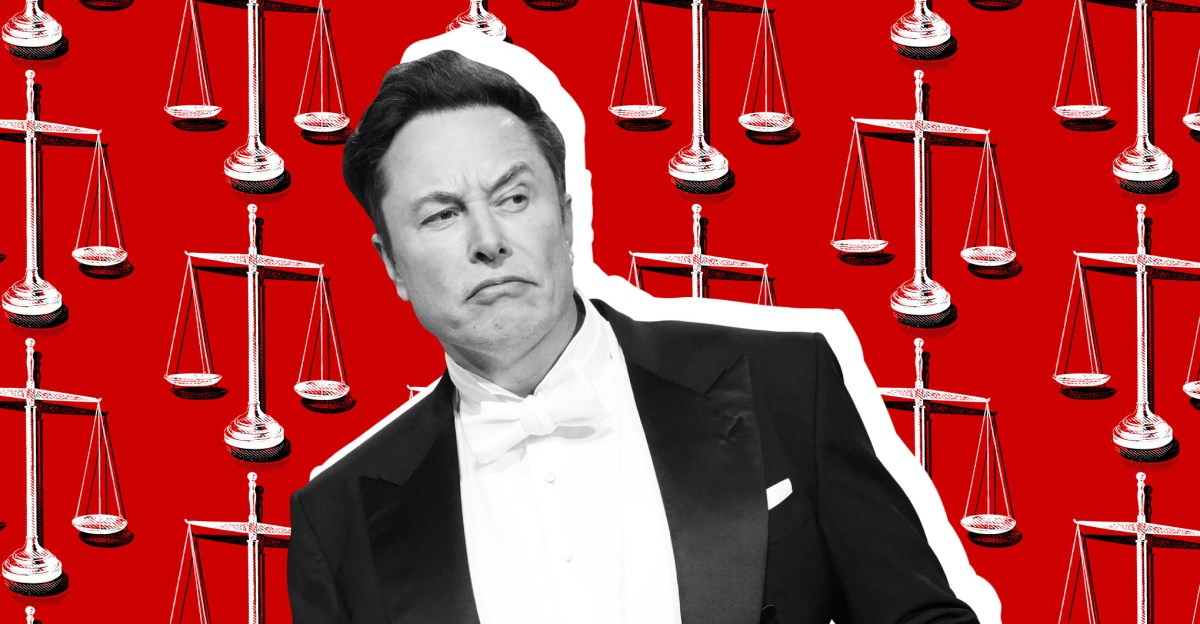 An image of Elon Musk in a tuxedo making an odd face. The background is red with weight scales on it.