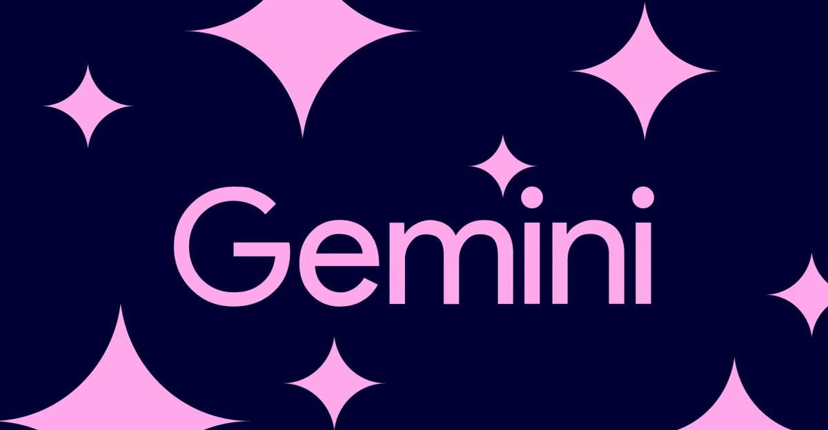 Google Gemini logo on a graphic pink and blue background.