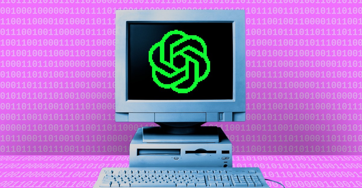 A retro computer sitting on a desk, with a ChatGPT logo on it.