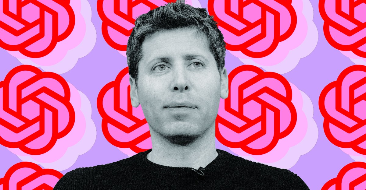 Photo collage of Sam Altman in front of the OpenAI logo.