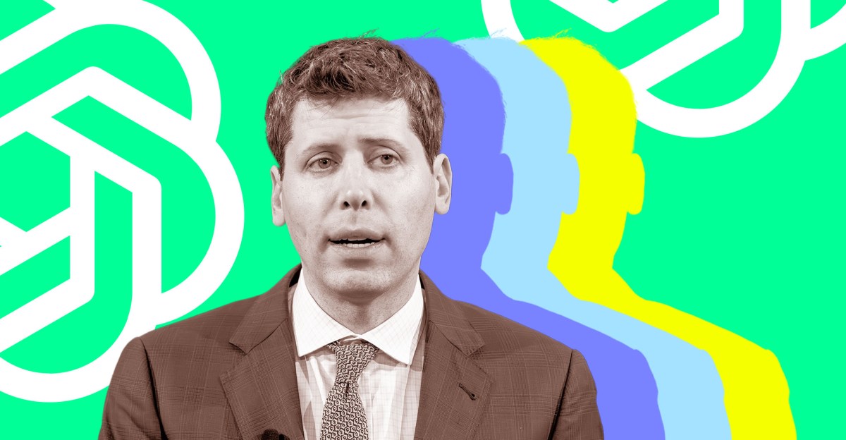 Photo collage of Sam Altman in front of the OpenAI logo.