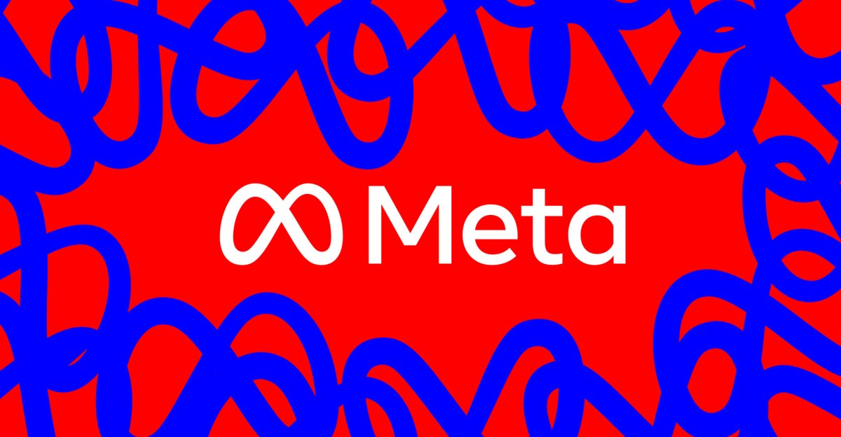 Image of the Meta logo and wordmark on a red background bordered by blue scribbles made out of the Meta logo.