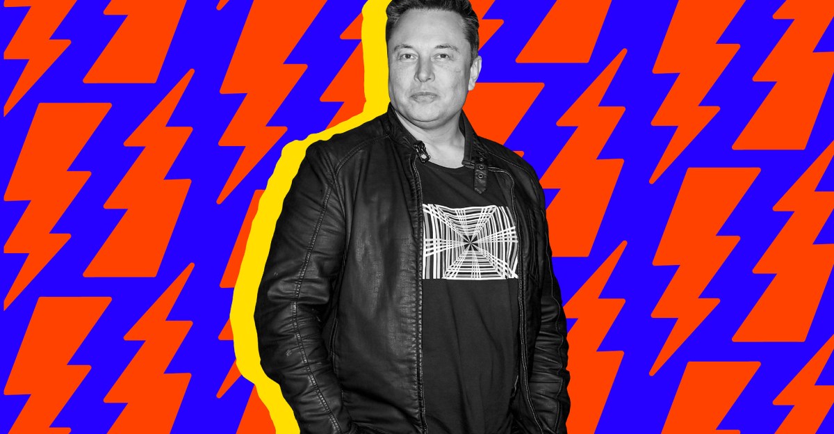 Illustration of Elon Musk standing with a blue and orange striped background.
