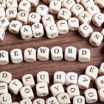 Keyword, letter dices word Word Keyword in letters on cube dices on table.