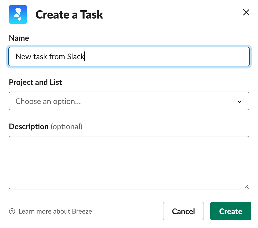 Slack task dialog