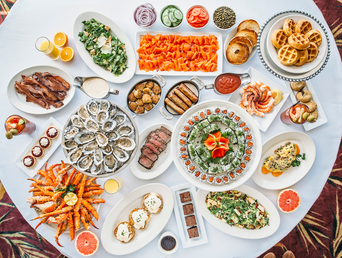Shaw's brunch spread including sushi, oysters, crab legs, lox, waffles and a lot more to enjoy.