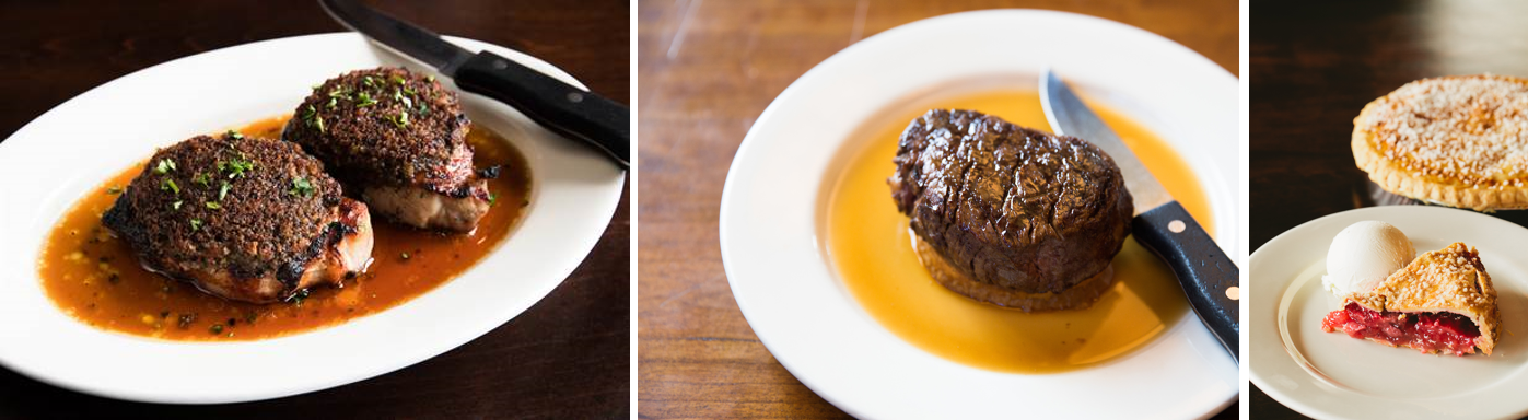 wildfire to go options: mushroom crusted pork, steak filets, strawberry-rhubarb pie